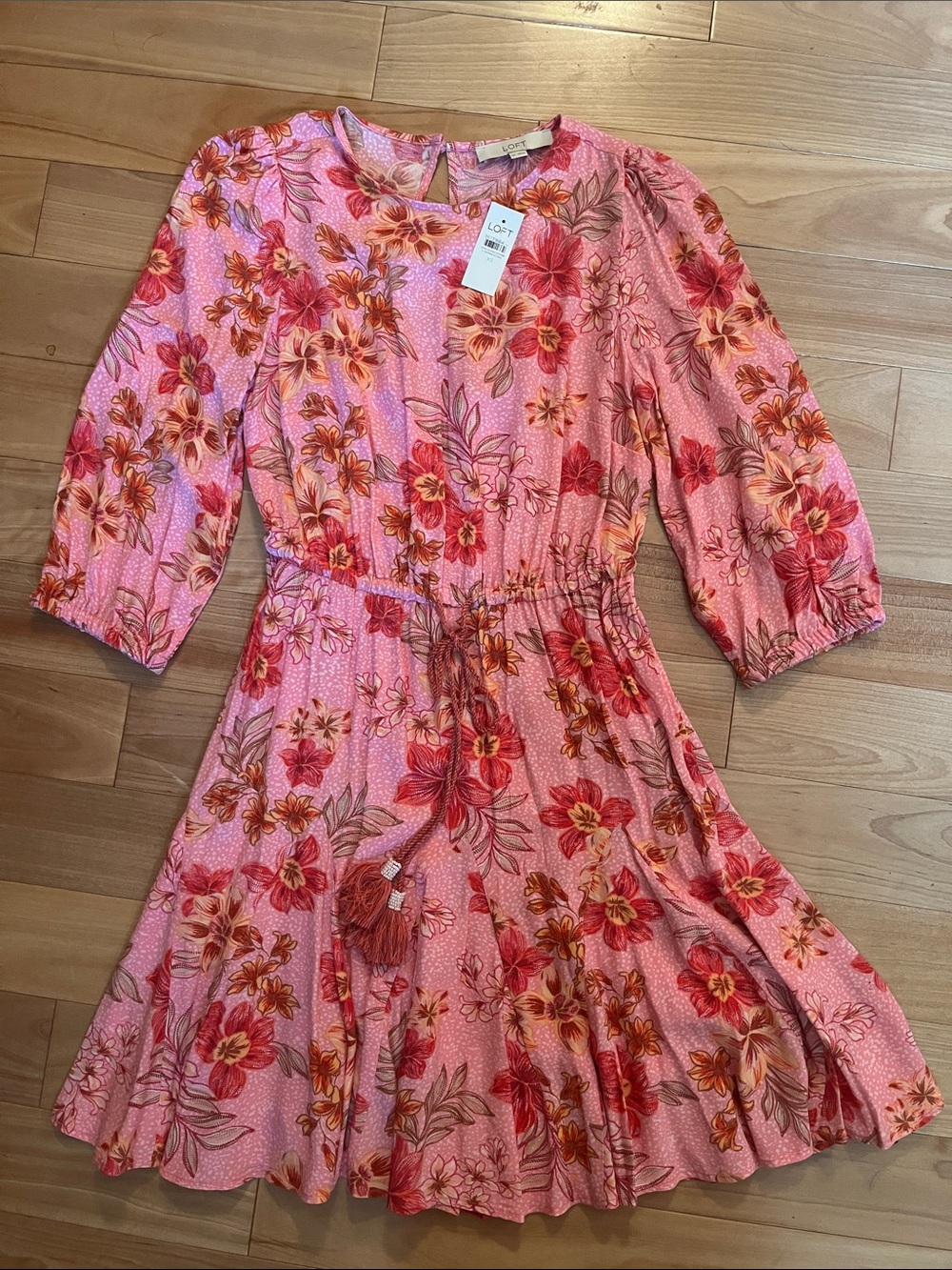 LOFT Pink Floral Tie-Waist Midi Dress